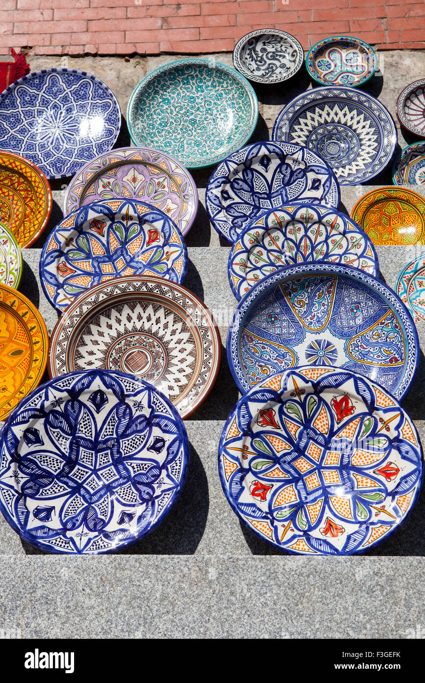 Traditional arabic handcrafted, colorful decorated plates of Morocco Stock Photo