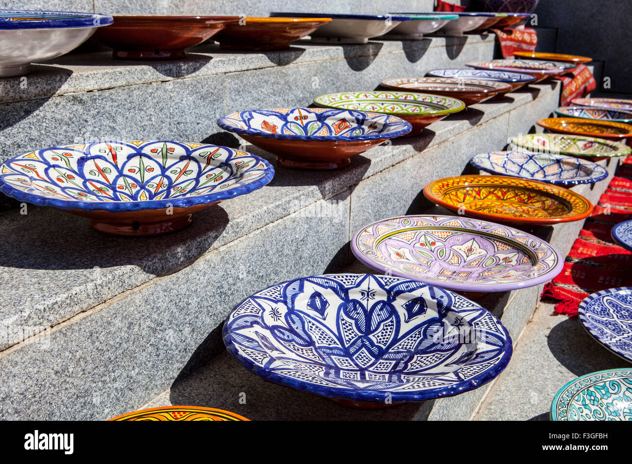 Traditional arabic handcrafted, colorful decorated plates of Morocco Stock Photo