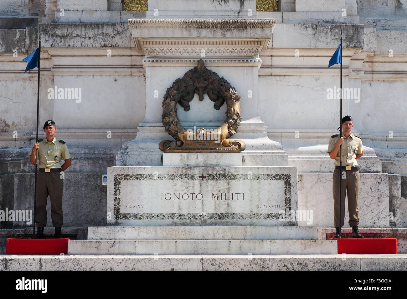 Tomb of the Unknown Soldier under military guard in front of National Monument to Victor Emmanuel II, Rome. Stock Photo
