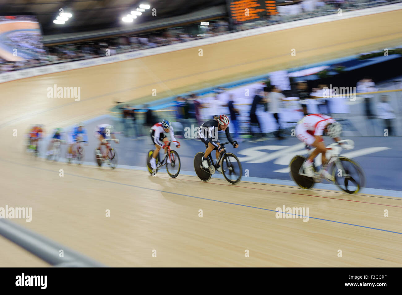 London, England, 120218. Competitors on the men's Omnium scratch race at the UCI World Cup