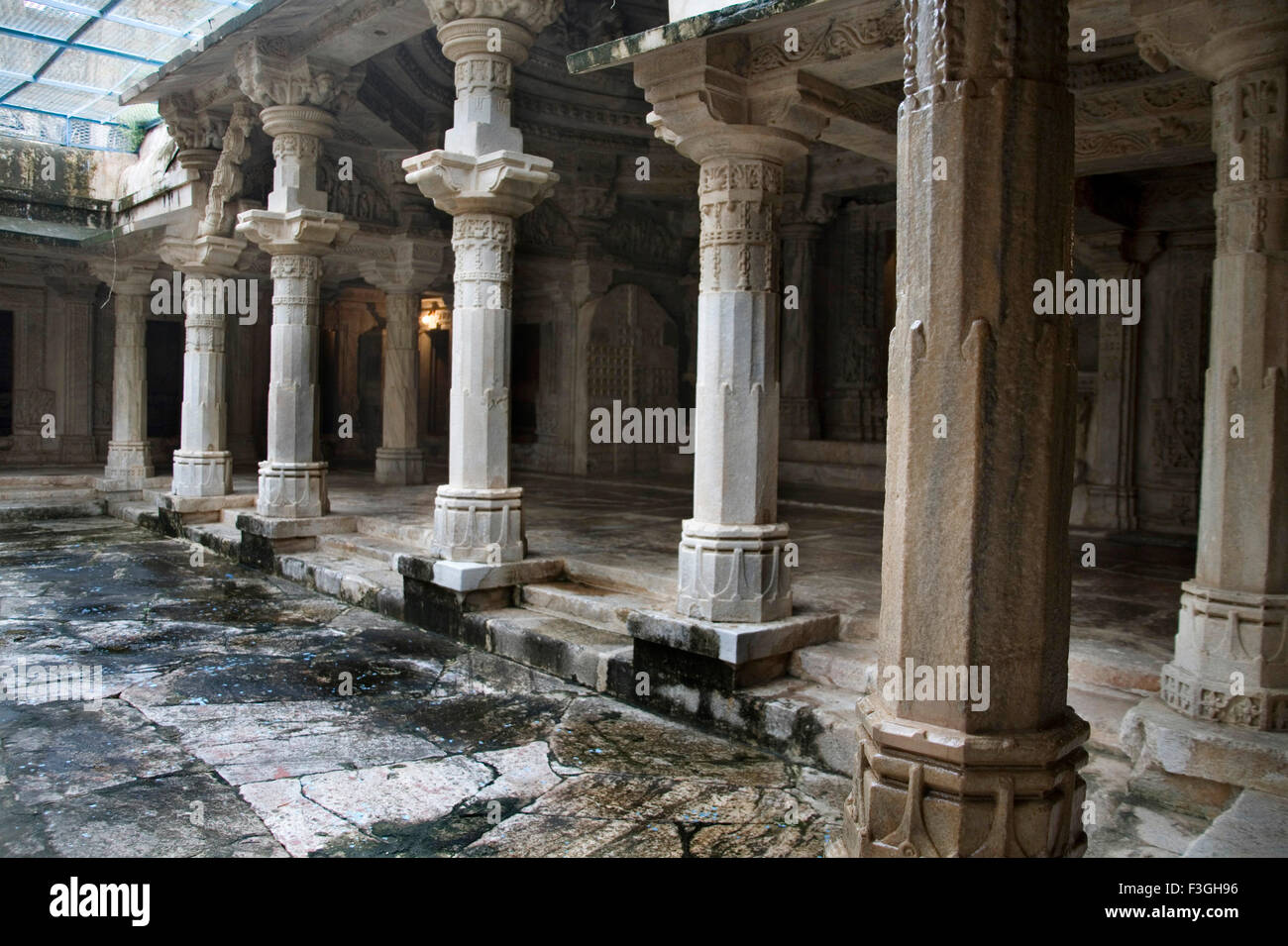 Pillars and gallery around 2000 years old ancient monument in Adinath Jain temple Heritage ; Village Dilwara ; Udaipur Stock Photo