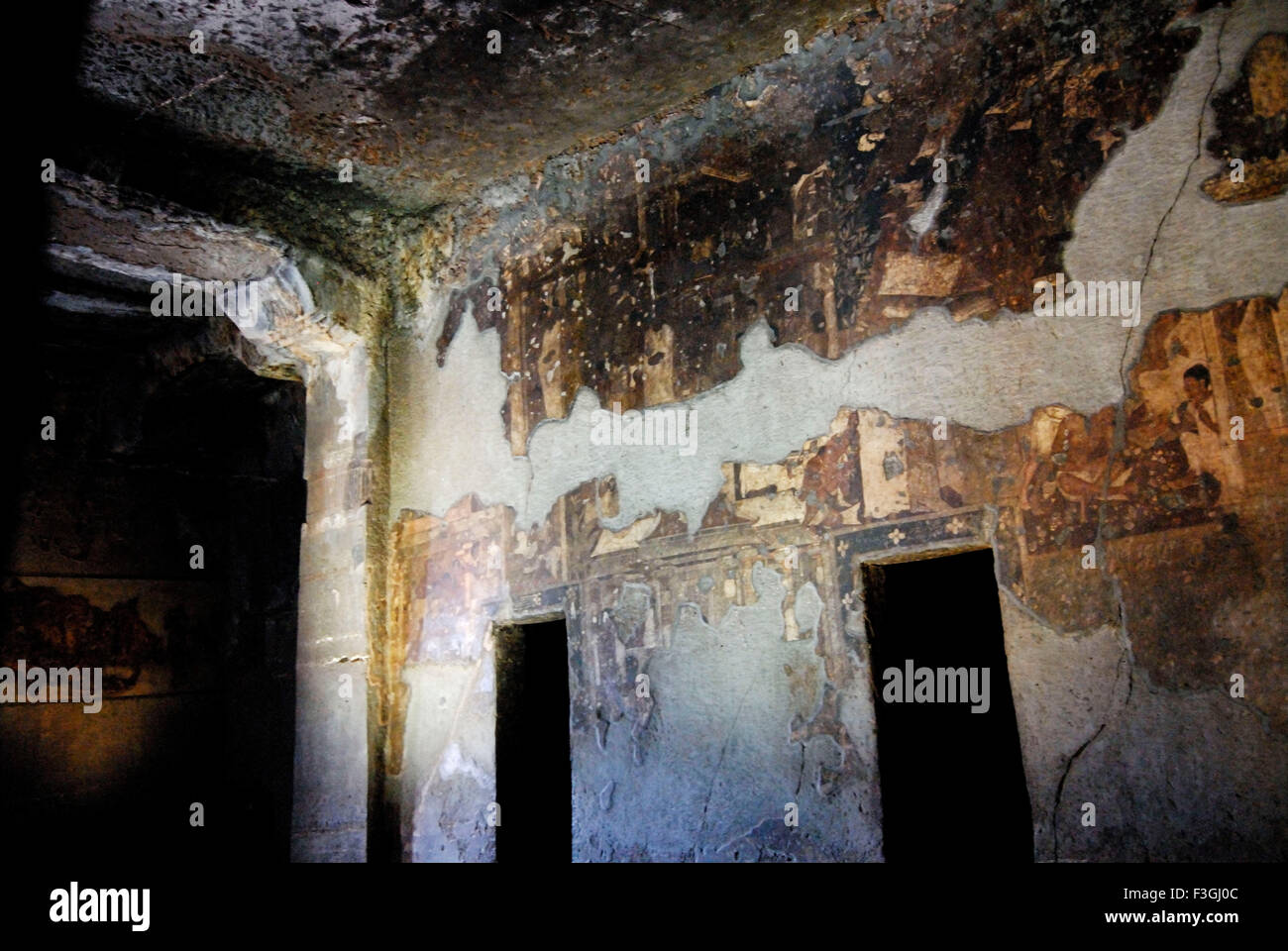 Ruined fresco cave 15 ; Ajanta ; Aurangabad ; Maharashtra ; India Stock Photo