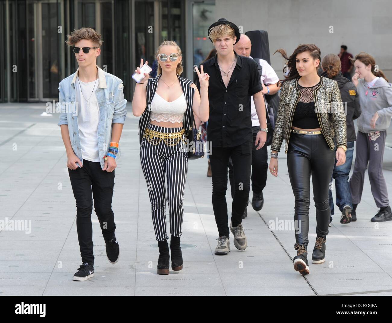 Only The Young seen out in London at BBC Radio One Studios.  Featuring: Parisa Tarjomani, Betsy-Blue English, Charlie George, Michael Bromley Where: London, United Kingdom When: 06 Aug 2015 Stock Photo