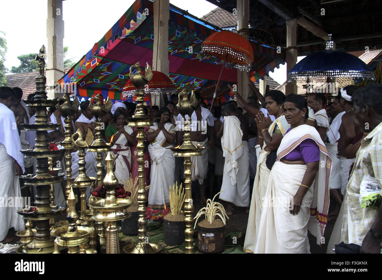 Arrangement for puja ; Parthasarthy temple ; Aranmula ; Kerala ; India Stock Photo