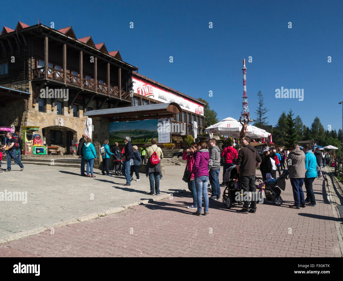 Tourists at top Gubalowka Hill Zakopane Poland with many adrenaline rush activities and walking trails popular tourist resort in Southern Poland Stock Photo