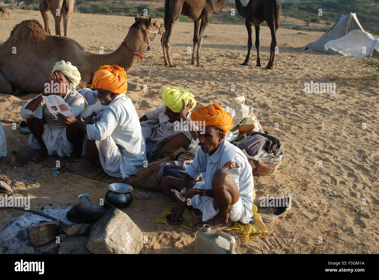 Men sitting in camel ground ; Pushkar fair ; Rajasthan ; India Stock Photo