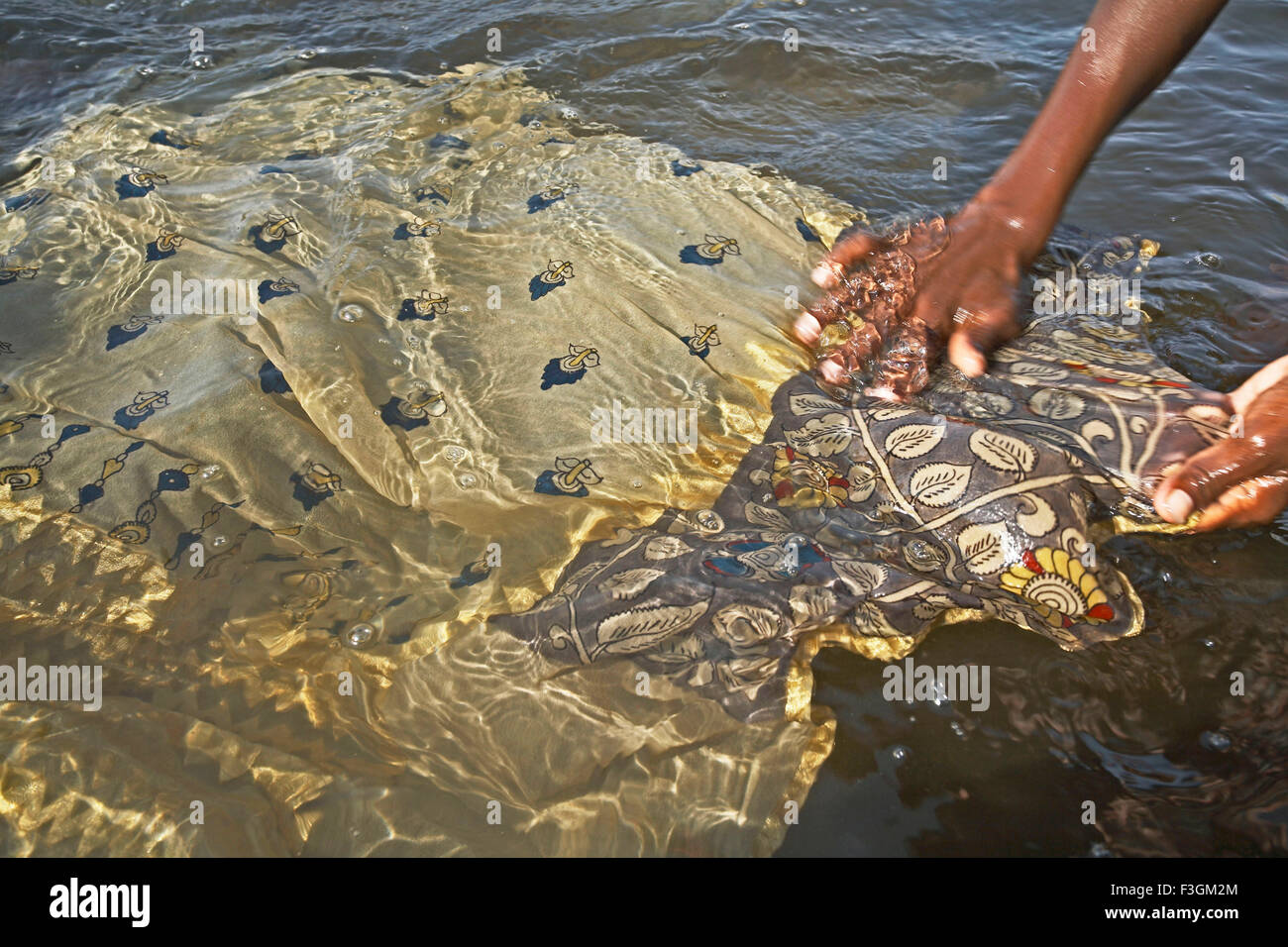 Washing Kalamkari cloth hand painted with vegetable dyes in running water ; Sri Kalahasthi ; Andhra Pradesh ; India Stock Photo