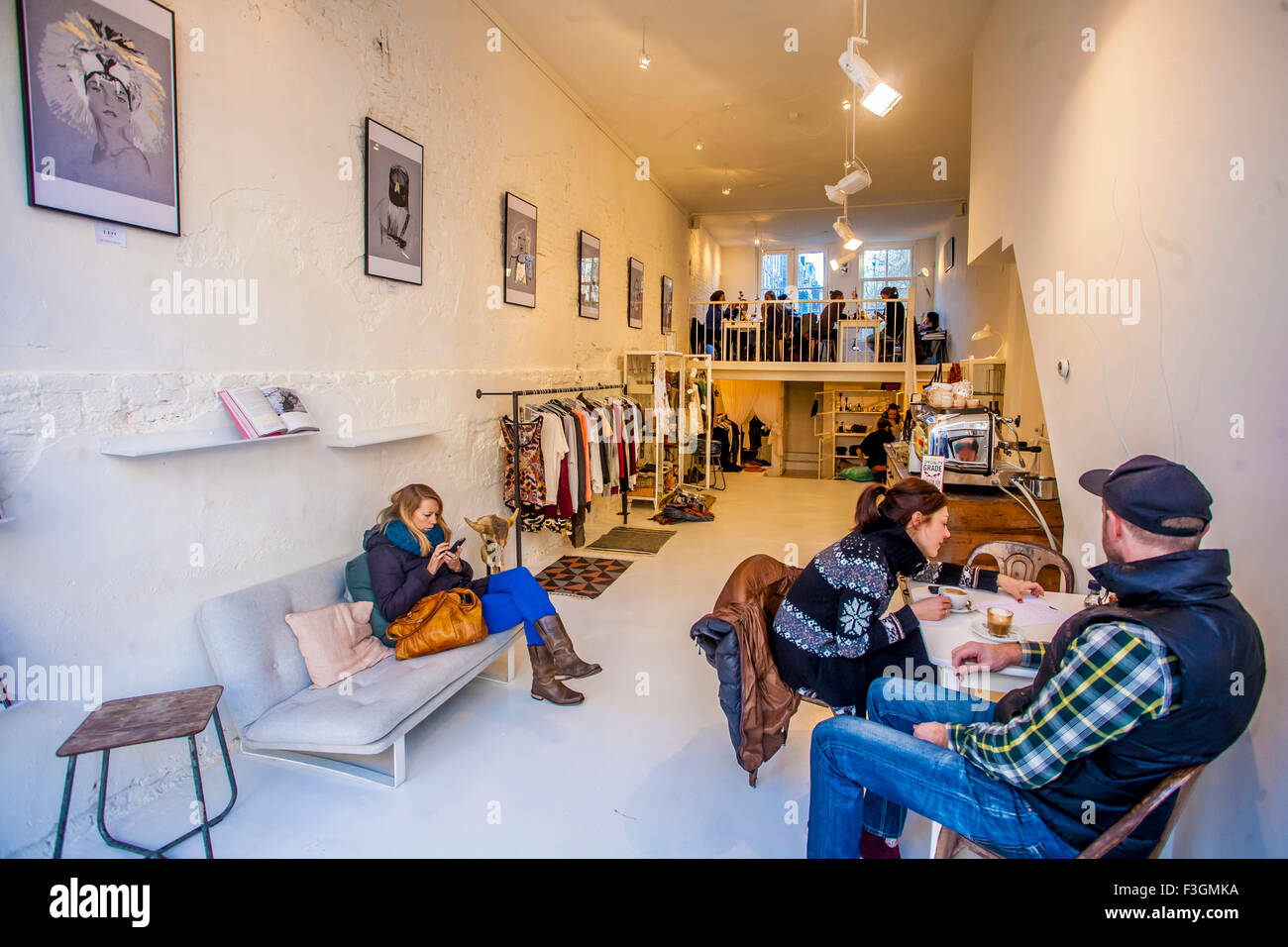 Fashion shop with coffee in Amsterdam city Stock Photo