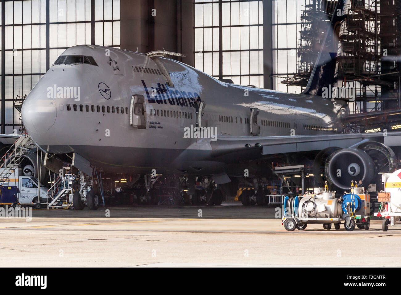 Lufthansa Boeing 747-400 in a hangar at the Frankfurt Airport Stock Photo