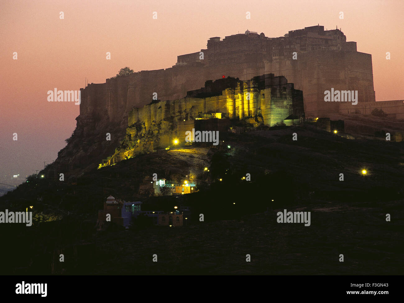 Night view of Mehrangarh fort ; Jodhpur ; Rajasthan ; India Stock Photo