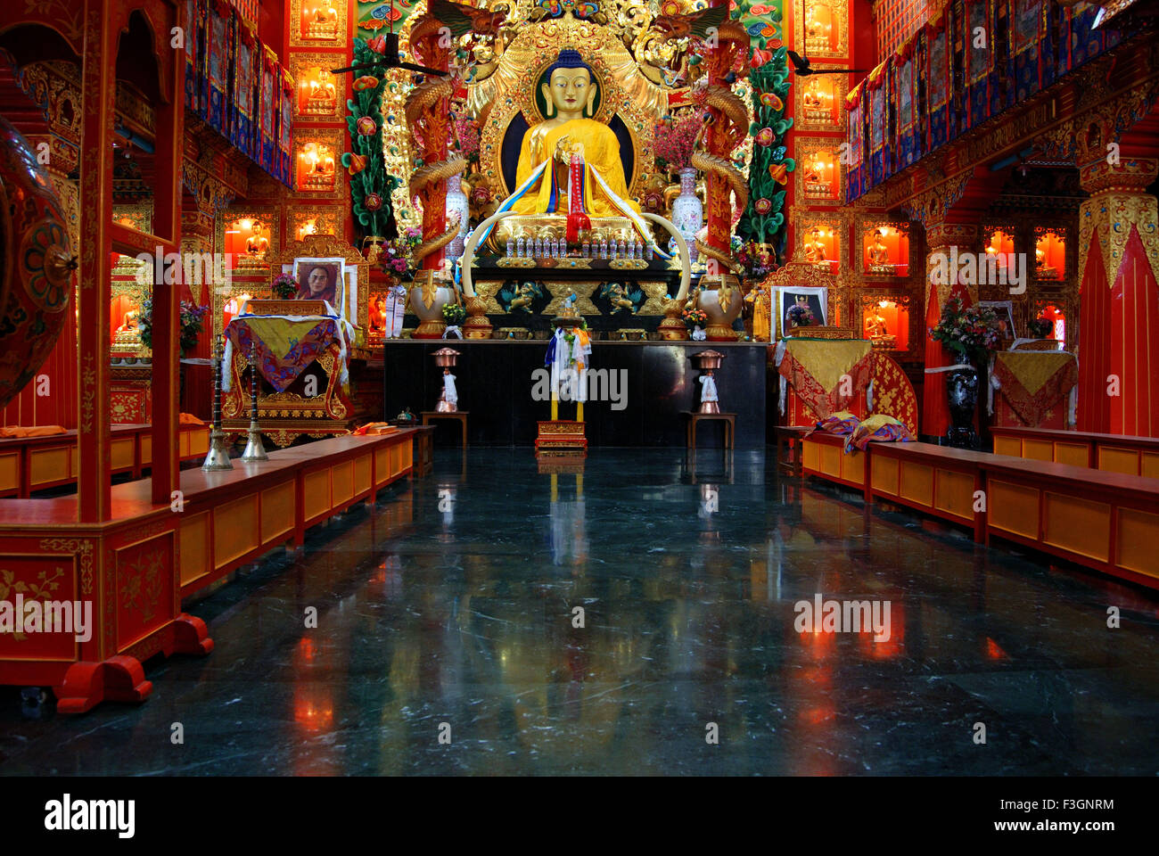 Idol of Lord Buddha in Vajra Vidya Vihar temple ; Sarnath ; Uttar
