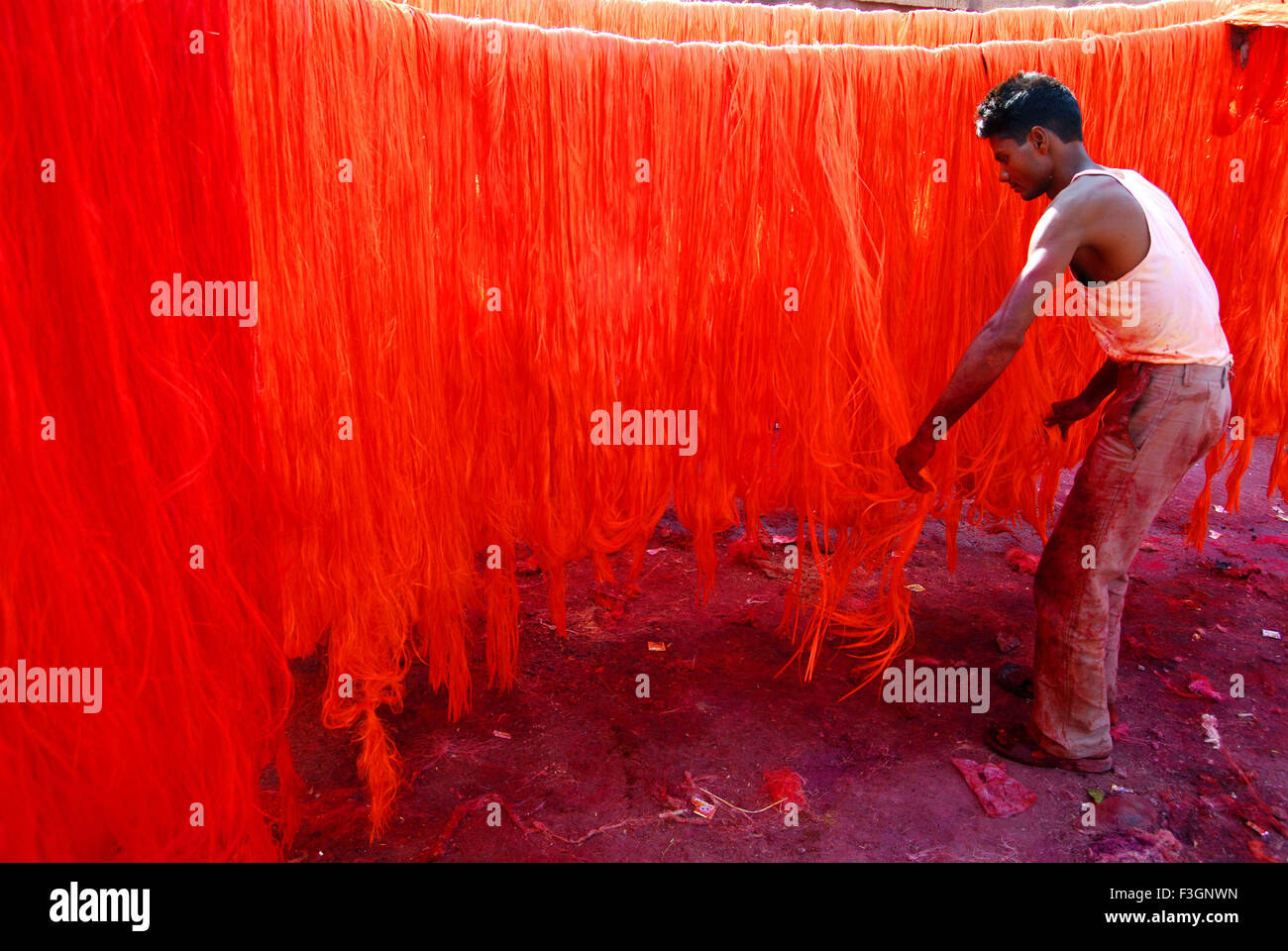 Man separating silky thread for making silky garlands Stock Photo