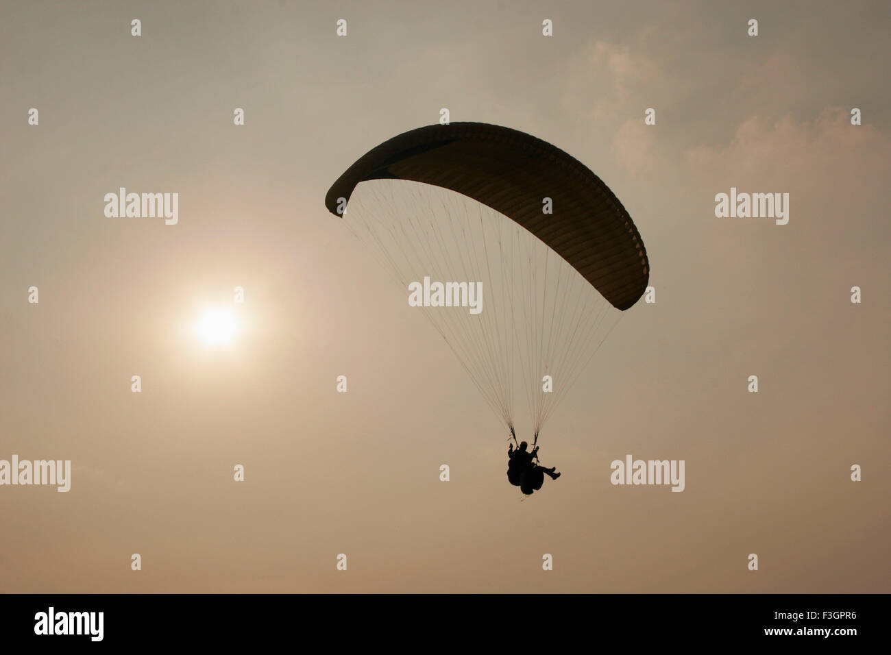 Paraglider enjoying against setting sun ; Panchgani ; Maharashtra ; India Stock Photo