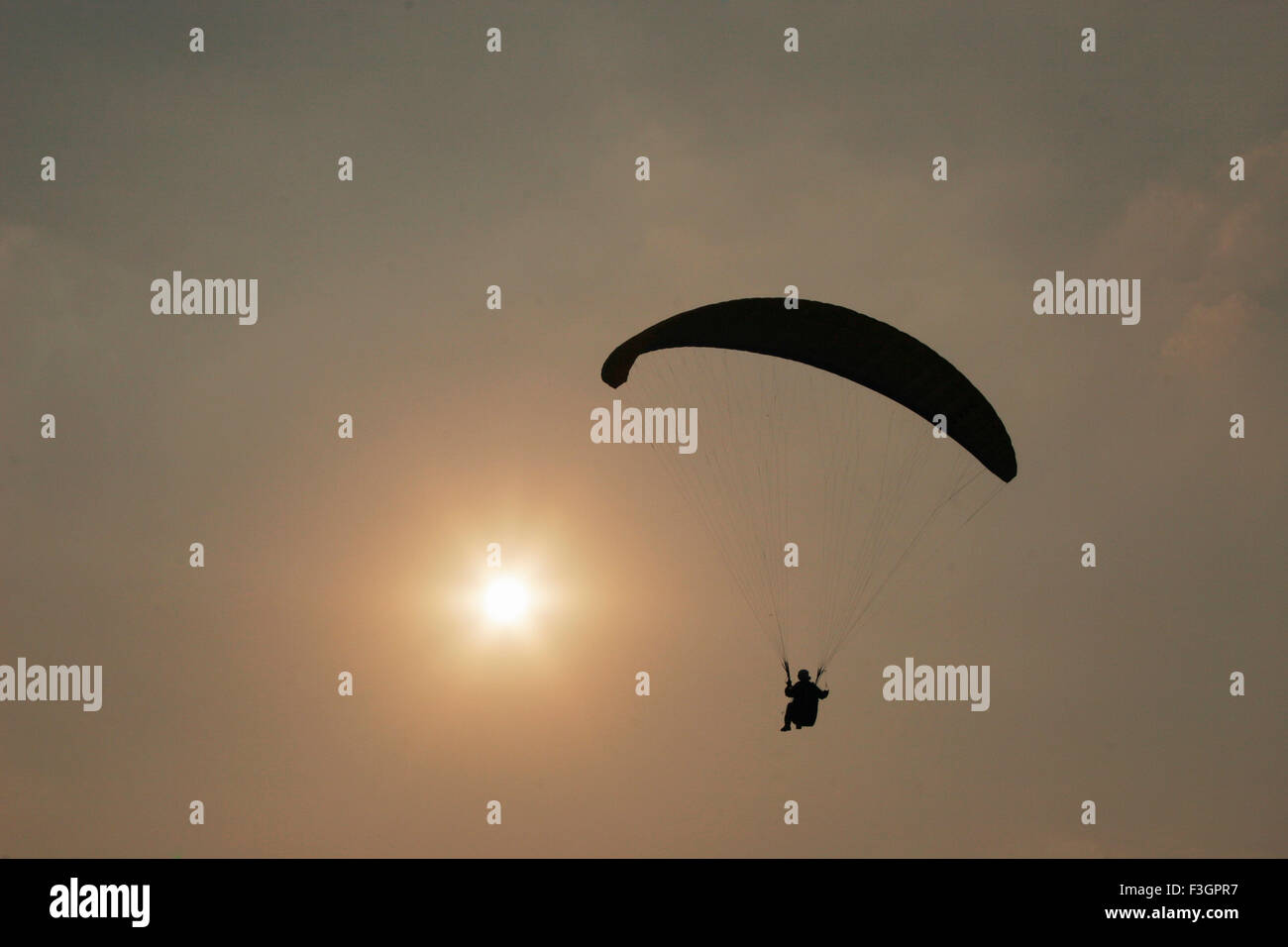 Paraglider enjoying against setting sun ; Panchgani ; Maharashtra ; India Stock Photo