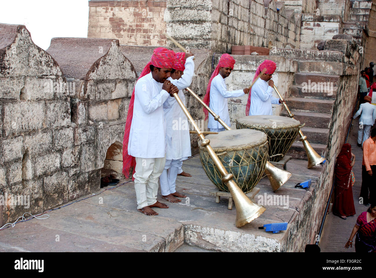 Shahi band blowing bankia and playing drum inside fort ; Jodhpur ...