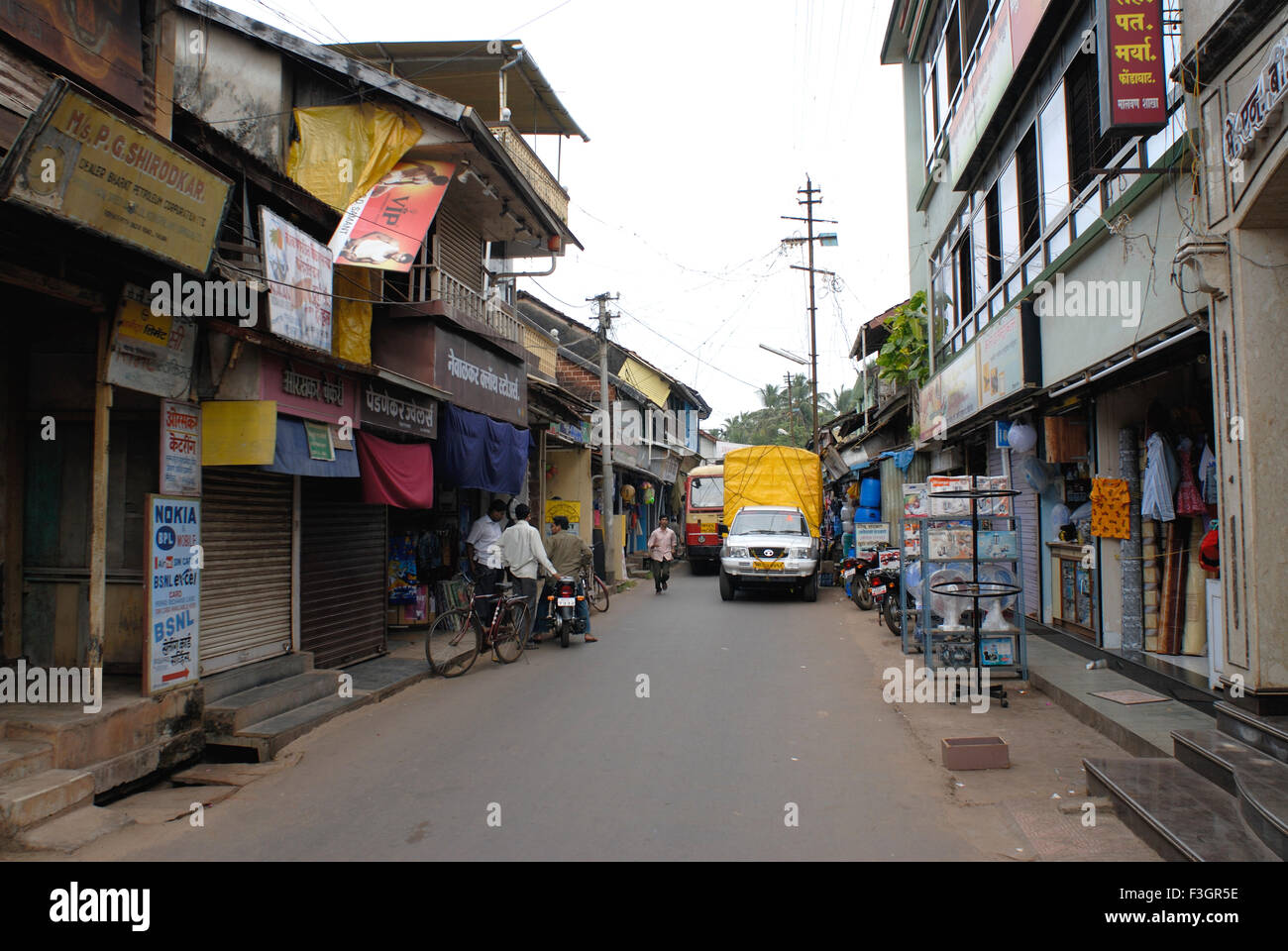 small town street, Malvan, District Sindhudurga, Maharashtra, India, Asia Stock Photo