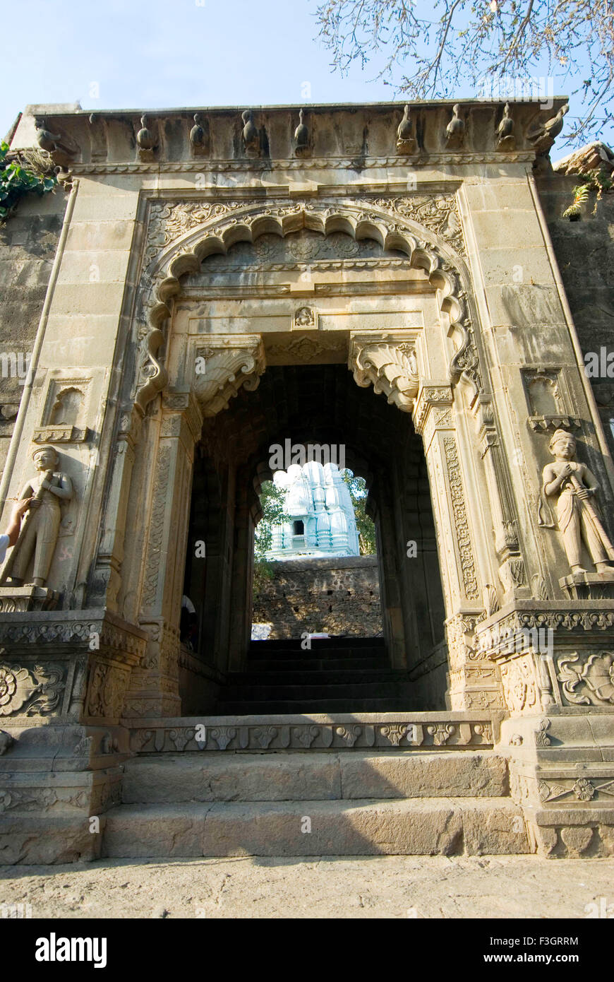 Beautifully carved gate on the ghat of Maheshwar ; Madhya Pradesh ; India Stock Photo