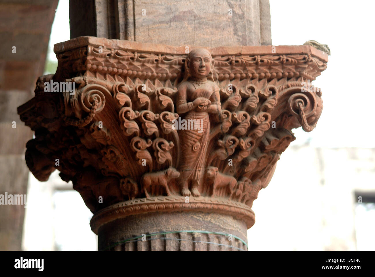 Lady carved on decorative pillar of old palace of Indore ; Madhya Pradesh ; India Stock Photo