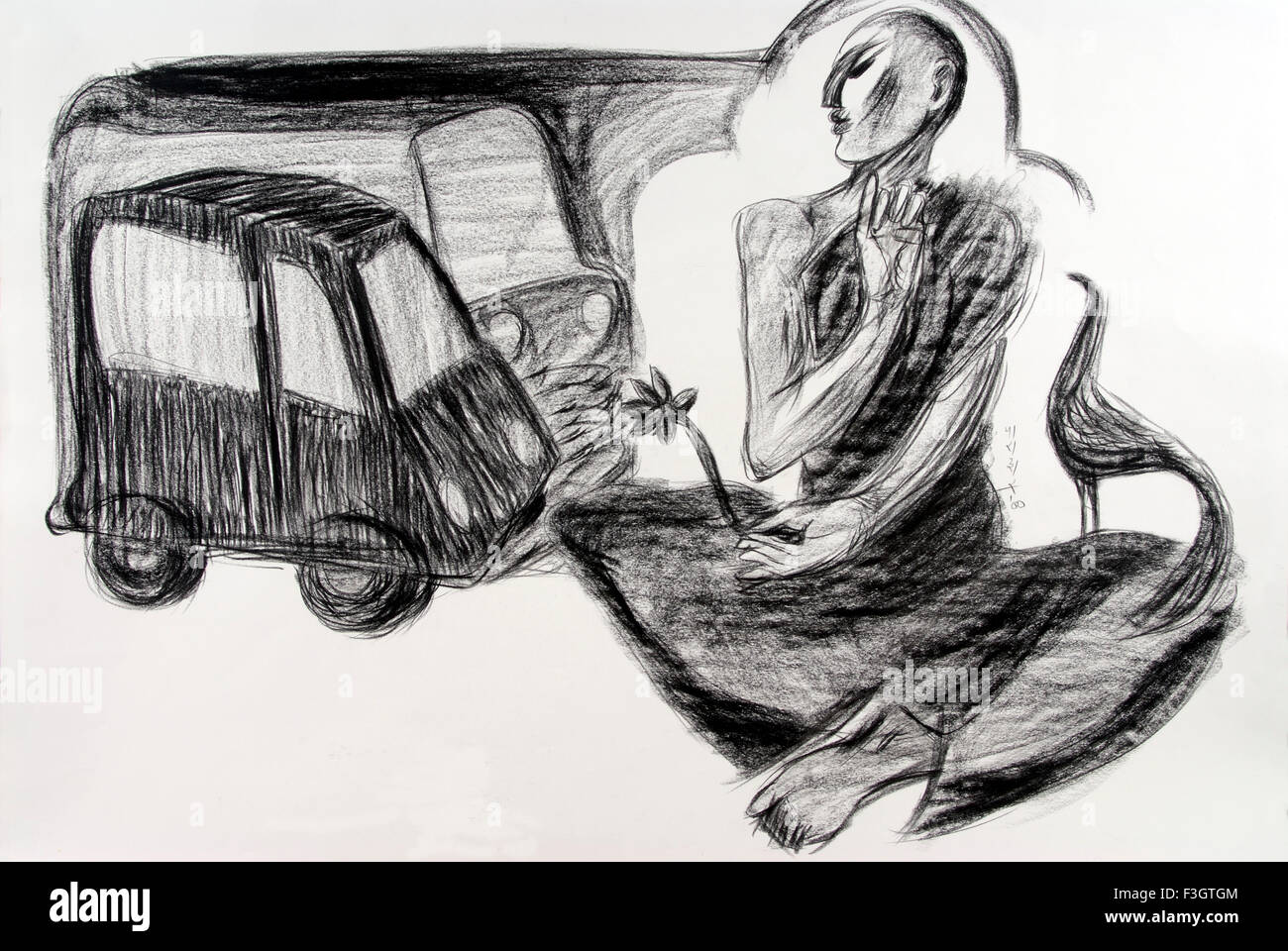 Car In His Dream Charcoal Drawing On Handmade Paper Stock