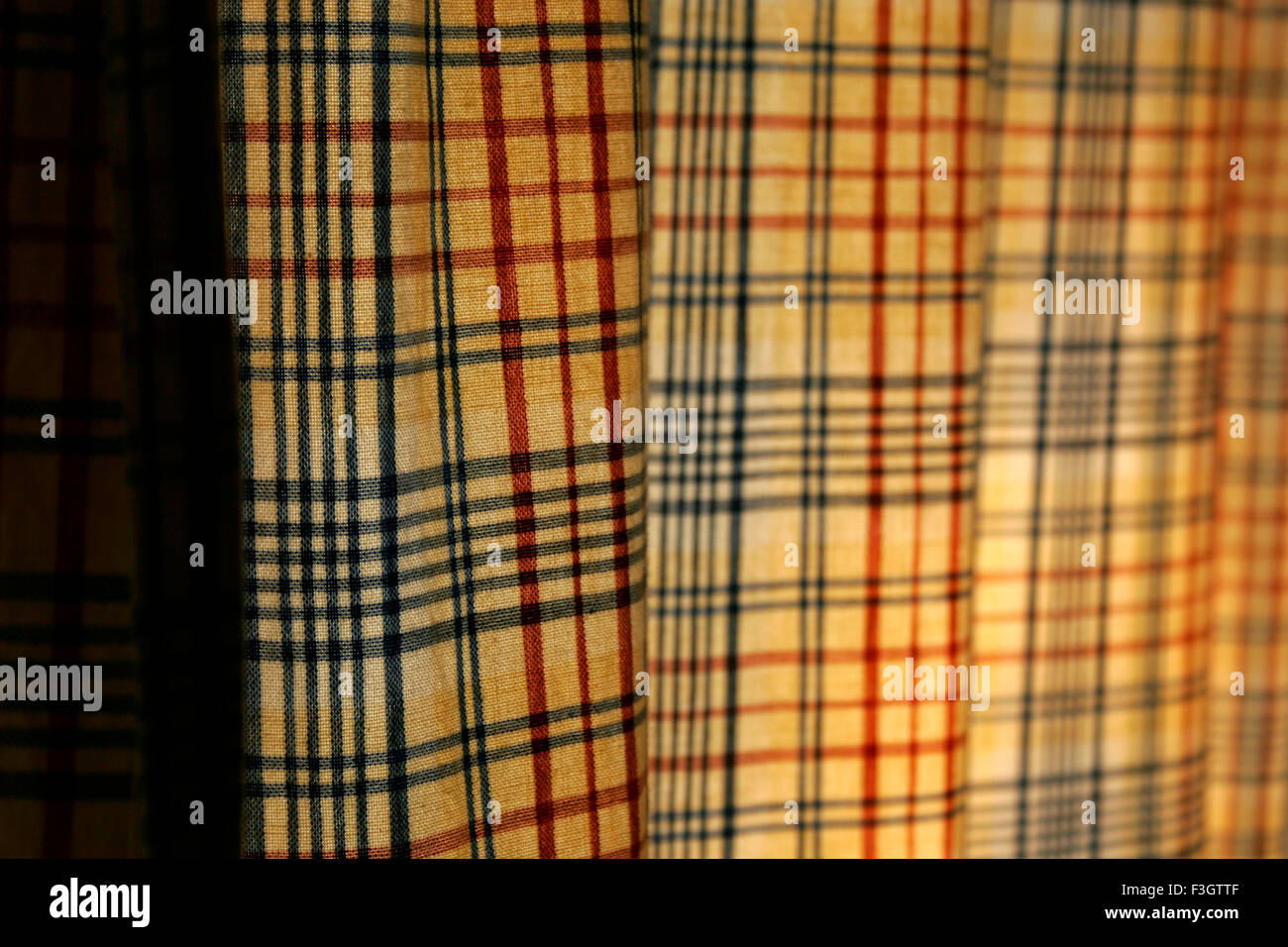 Abstract Of Yellow Curtain Red And Blue Checks And With Its Fabric