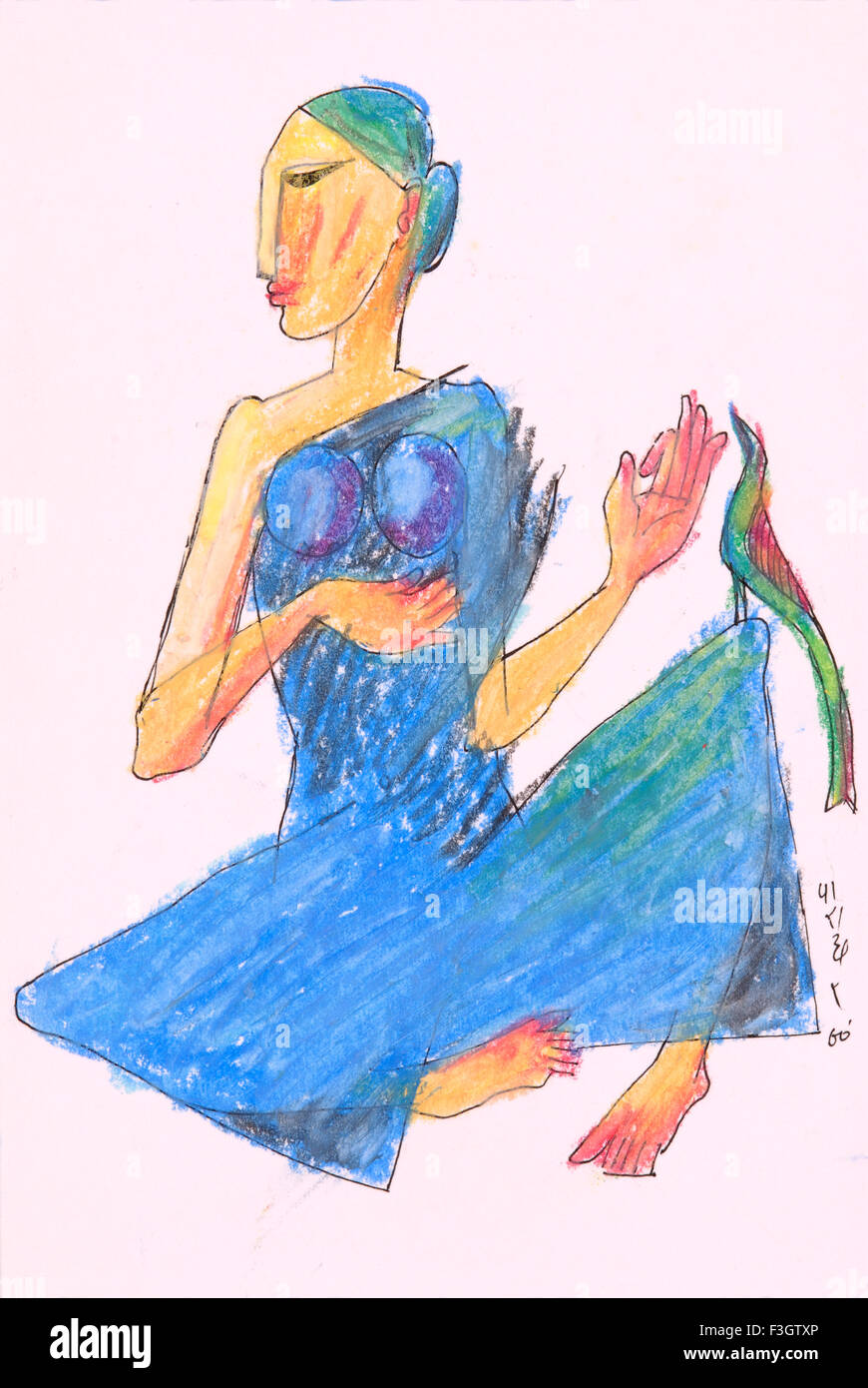 Woman in blue sari and parrot in her hand oil pastel on paper Stock Photo