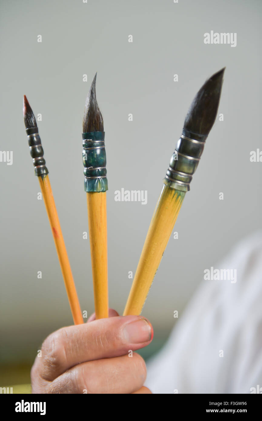 Painter's hand holding three paintbrushes Stock Photo Alamy