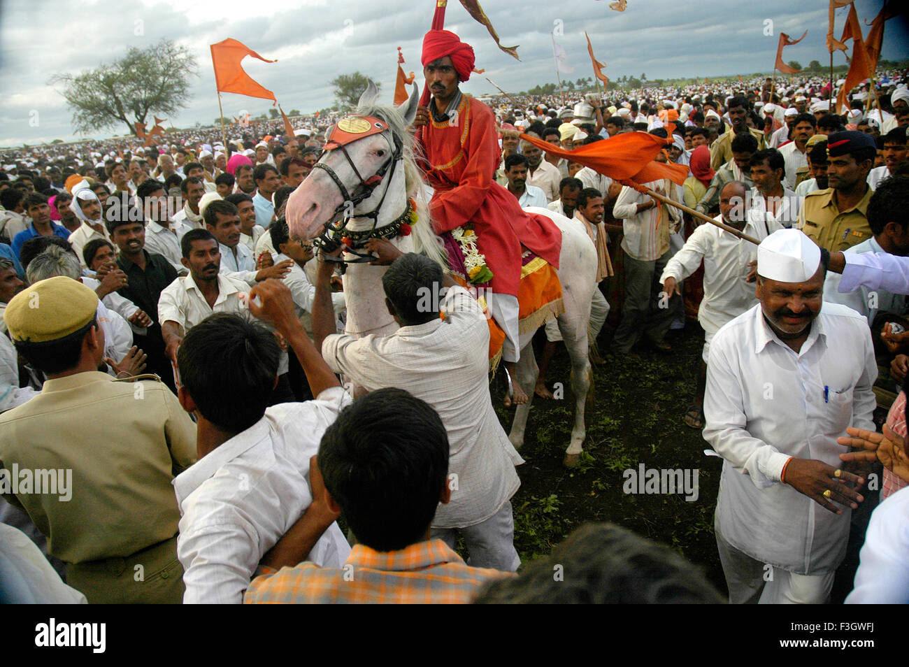 Holy flag bearer horse back surrounded with devotees at ringan yatra at annual Pandharpur fair ; Pandharpur Stock Photo