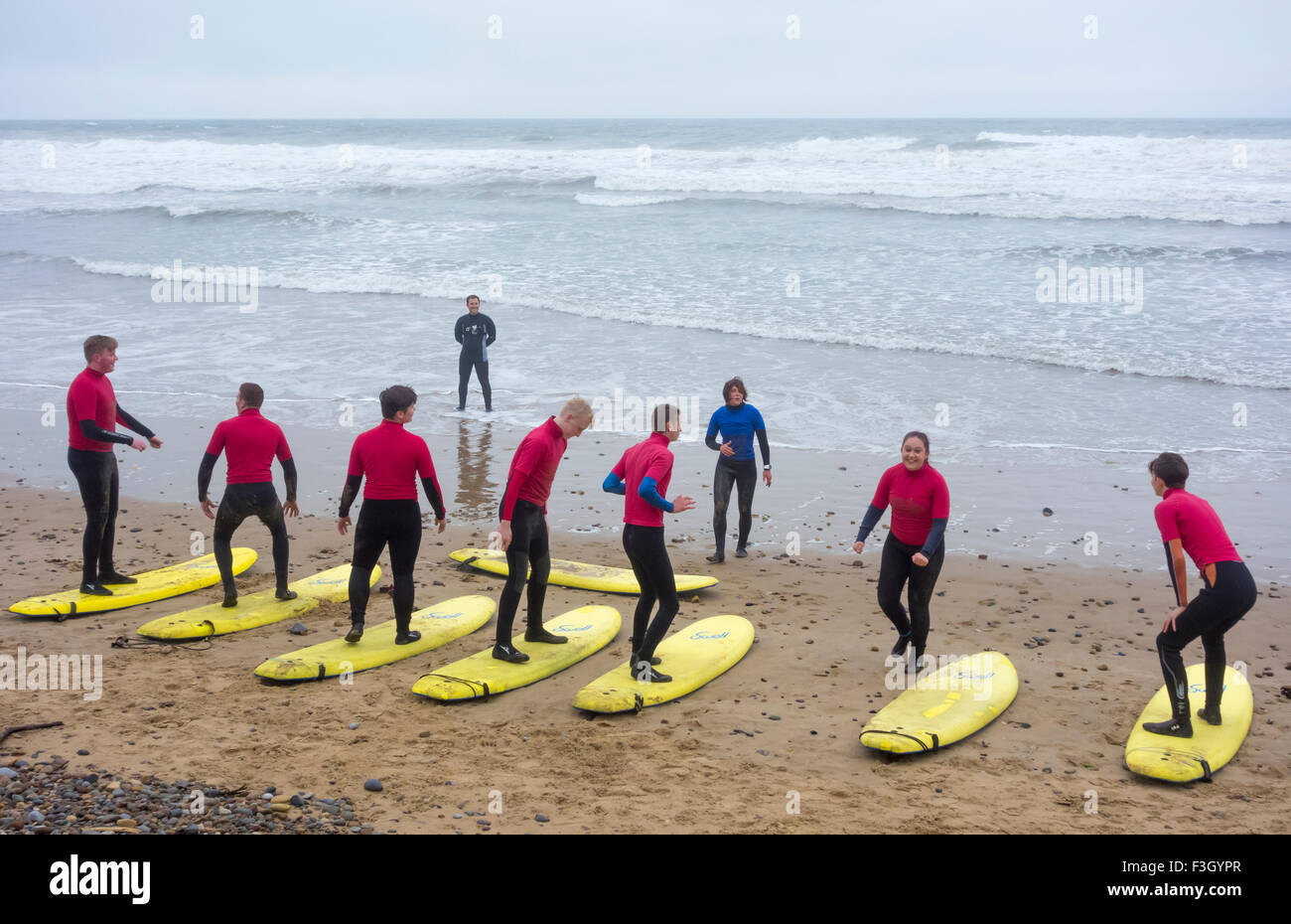 Surfing lesson at Saltburn by the sea, North Yorkshire, England. UK