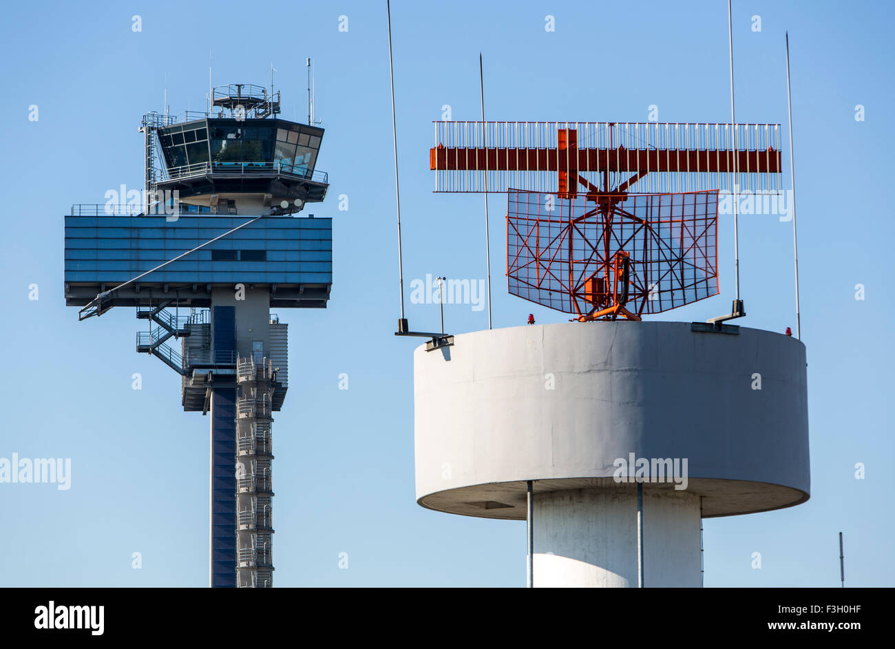 Air traffic control tower and radar tower, Düsseldorf International airport, Germany Stock Photo