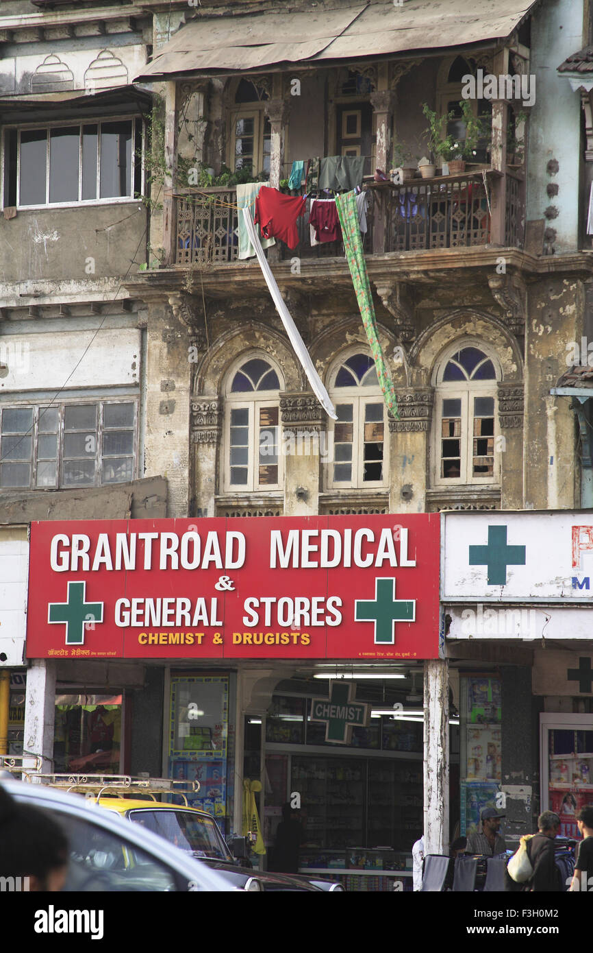 Old building ; chawl Pannalal ; medical and general store ; Grant road ; Bombay now Mumbai ; Maharashtra ; India Stock Photo