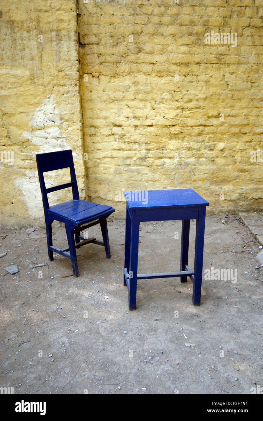 school blue chair table ; Nanhi Duniya school ; Doon School ; Dehradun ; Dera Doon, Uttaranchal, Uttarakhand, India, Asia, Asian, Indian Stock Photo