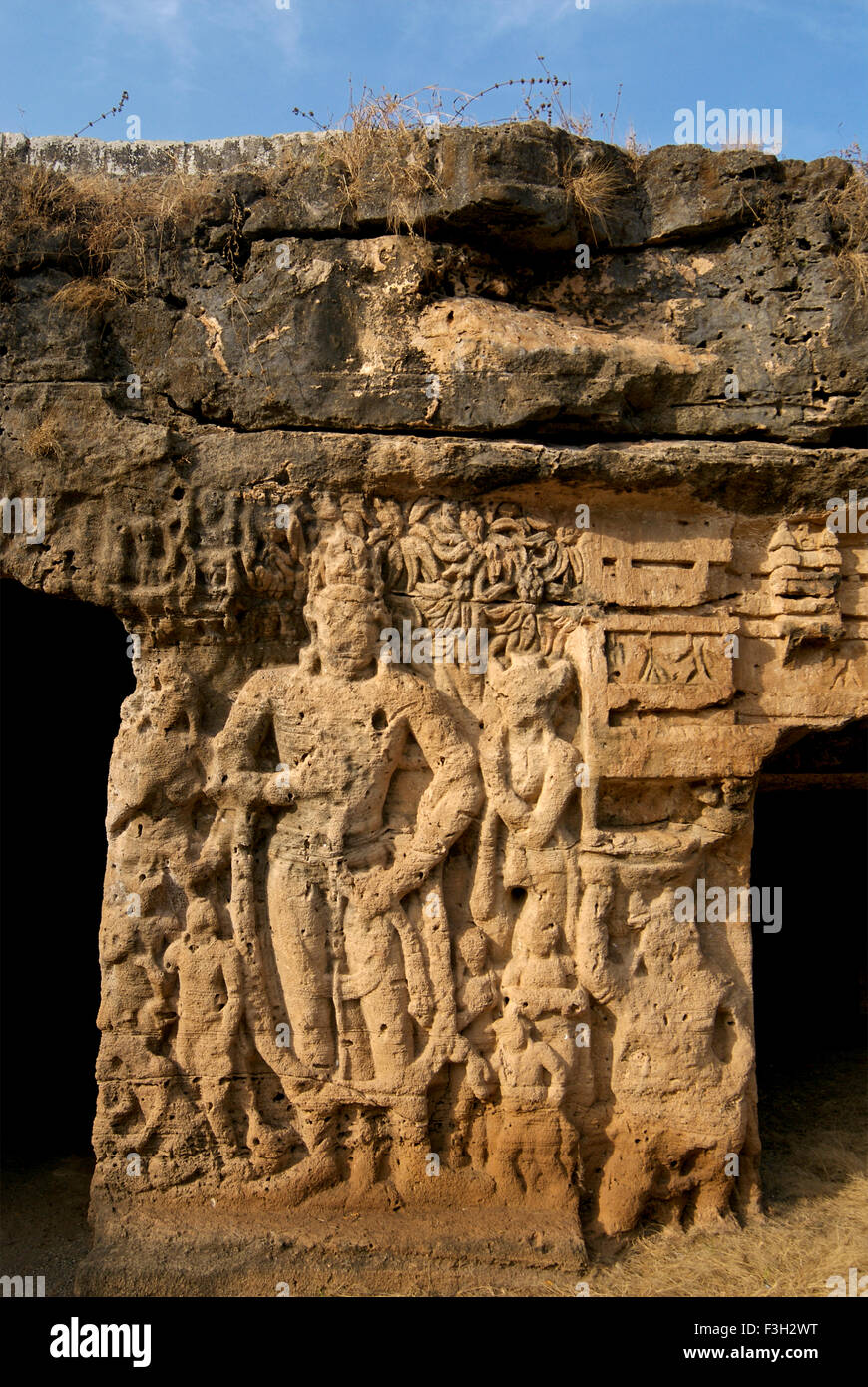 Bodhisatva Avalokiteshvara rock cave Khambhaliya dating from around 4th Century AD ; Rajkot ; Gujarat ; India Stock Photo