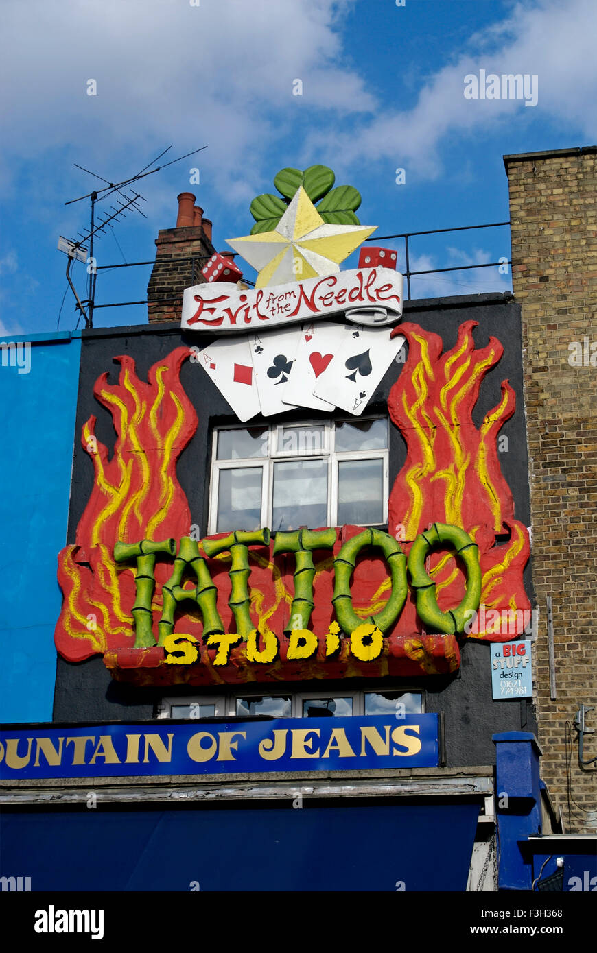 Tattoo Studio, Evil from the Needle, Fountain of Jeans, Camden Town, London, England, United Kingdom, UK Stock Photo