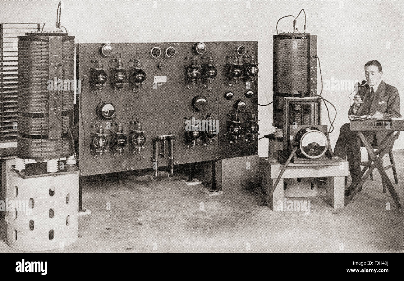 The first broadcast transmitter operated in Great Britain, installed at the Marconi Works, Chelmsford, in 1919 and 1920. Stock Photo