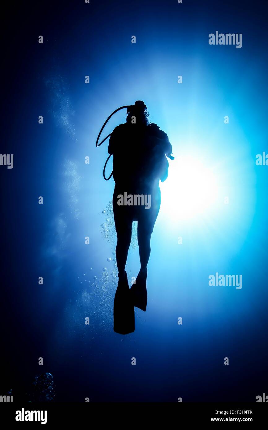 Silhouetted man scuba diving in ocean, Bali, Indonesia Stock Photo