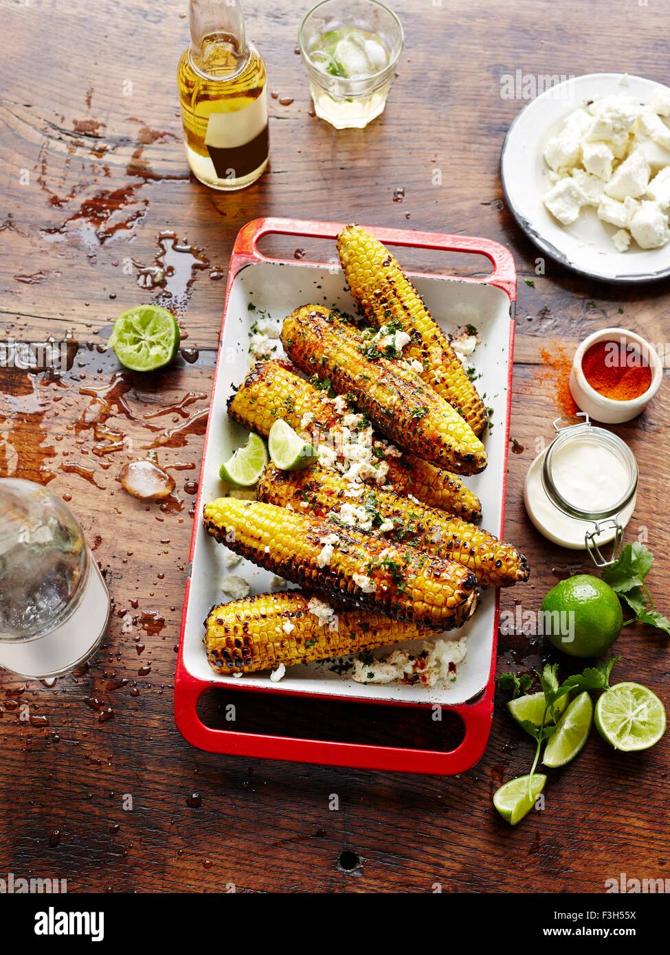 Mexican Elotes Corn, lime, feta cheese Stock Photo