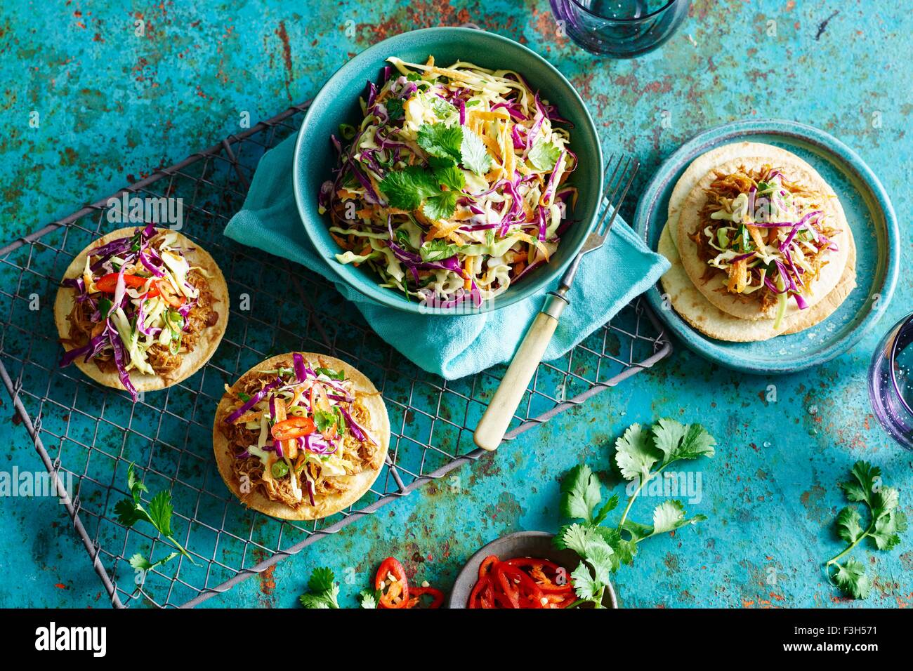Pulled Chicken Tostada with Slaw Stock Photo