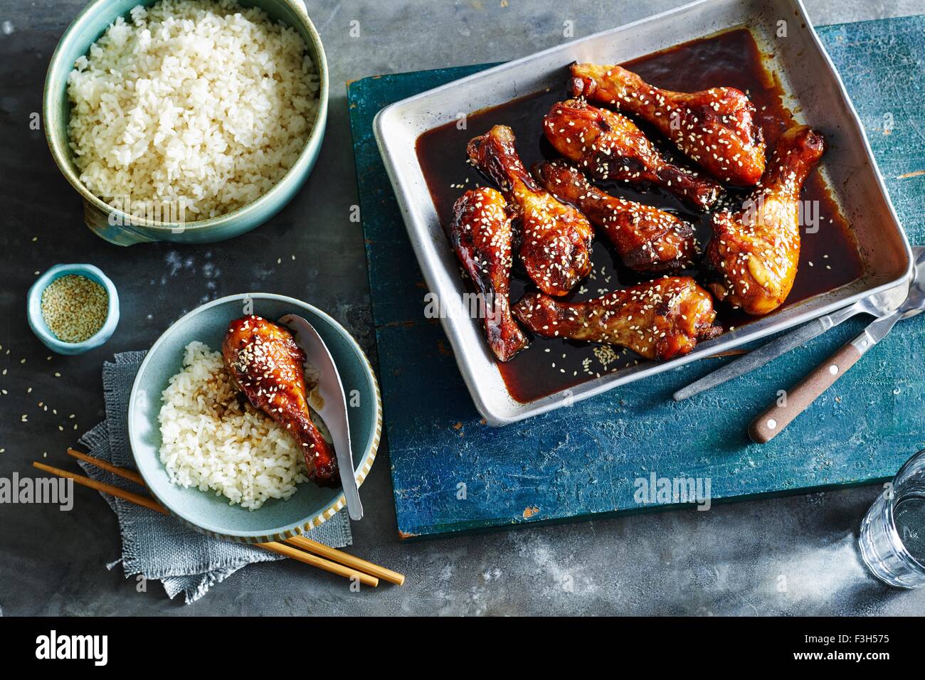 Sticky Honey Soy Chicken, Coconut Rice Stock Photo
