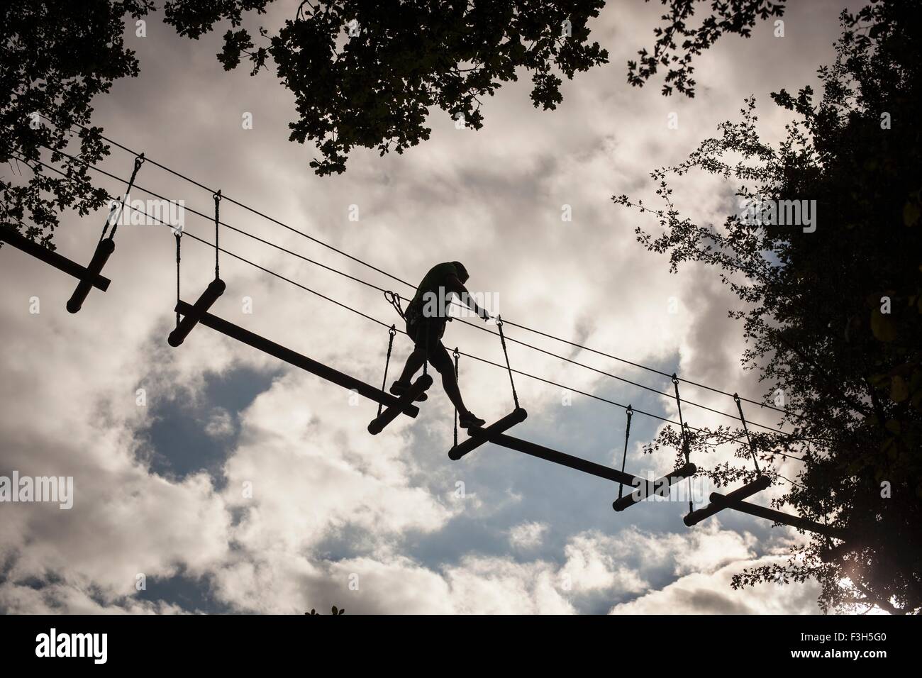 Mature man, high rope walking, low angle view Stock Photo