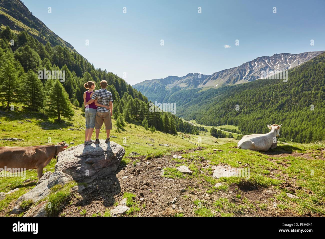 Rear view of young couple standing on boulder looking out to mountains, Val Senales, South Tyrol, Italy Stock Photo
