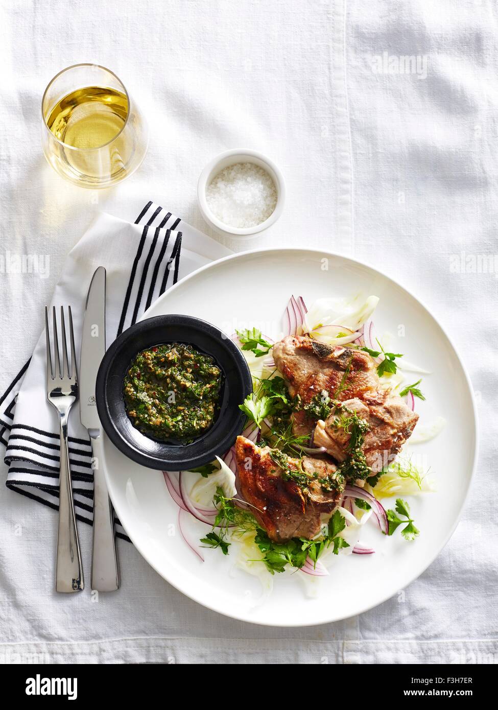 Lamb Chops with Salsa Verde, elevated view Stock Photo