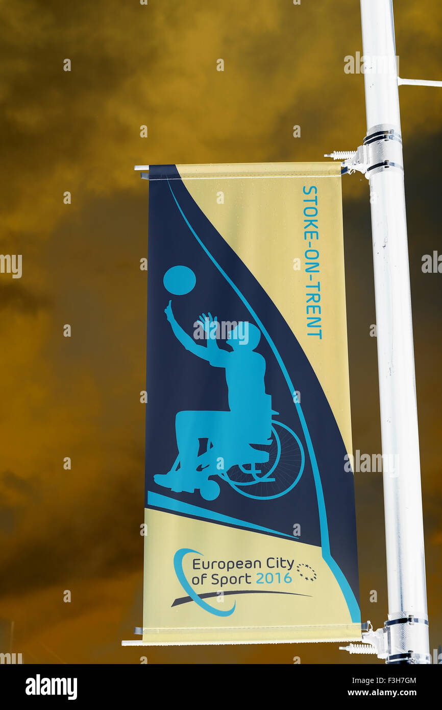 European City of Sport 2016 Stoke on Trent banner depicting wheelchair basketball Stock Photo