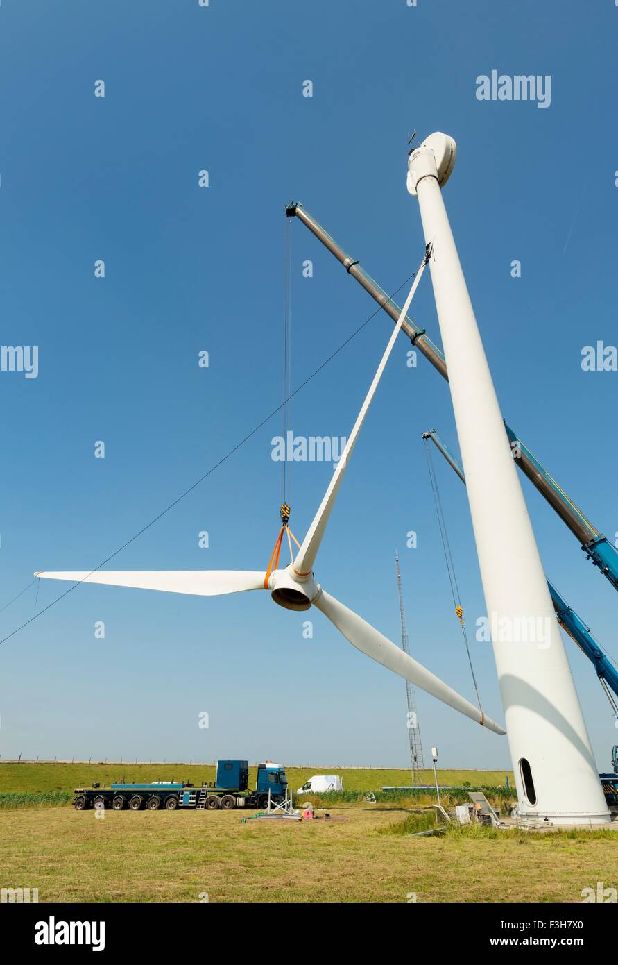 Low angle view of wind turbine being dismantled Stock Photo