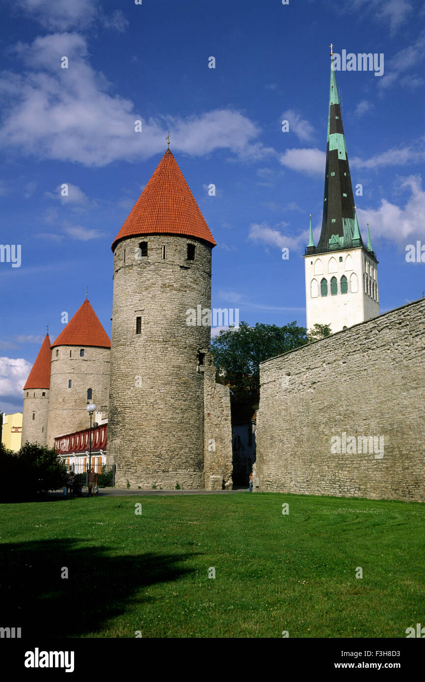 Estonia, Tallinn, city walls and St Olaf church Stock Photo