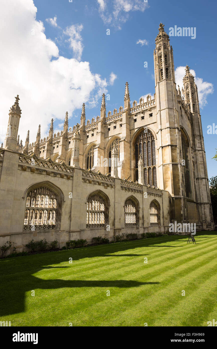 Kings college cambridge with blue sky and stripped lawn view from kings parade Stock Photo