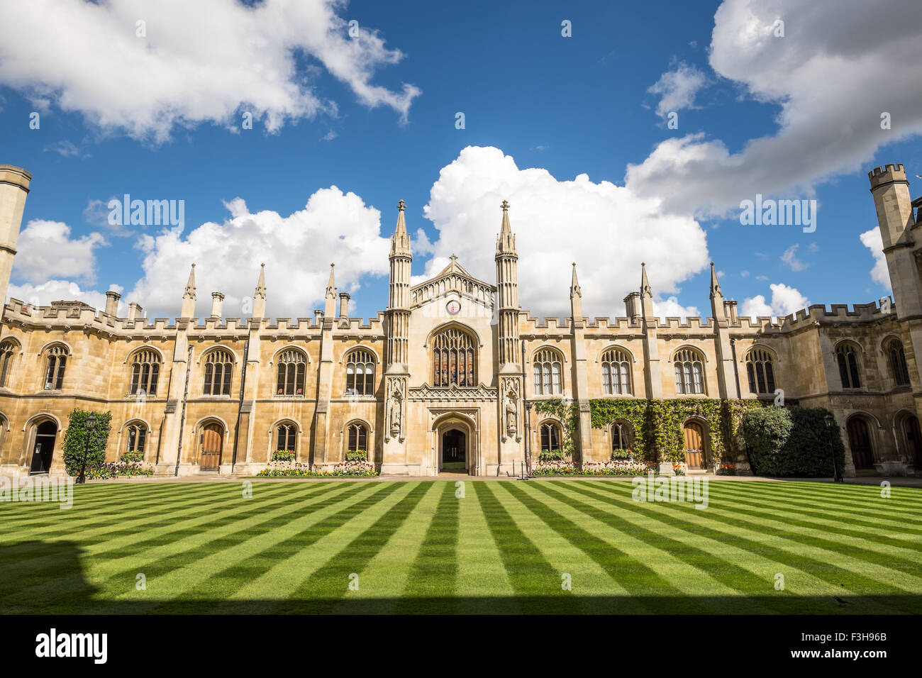 Landscape view of Corpus Christi College Cambridge england with stripped lawn. Stock Photo