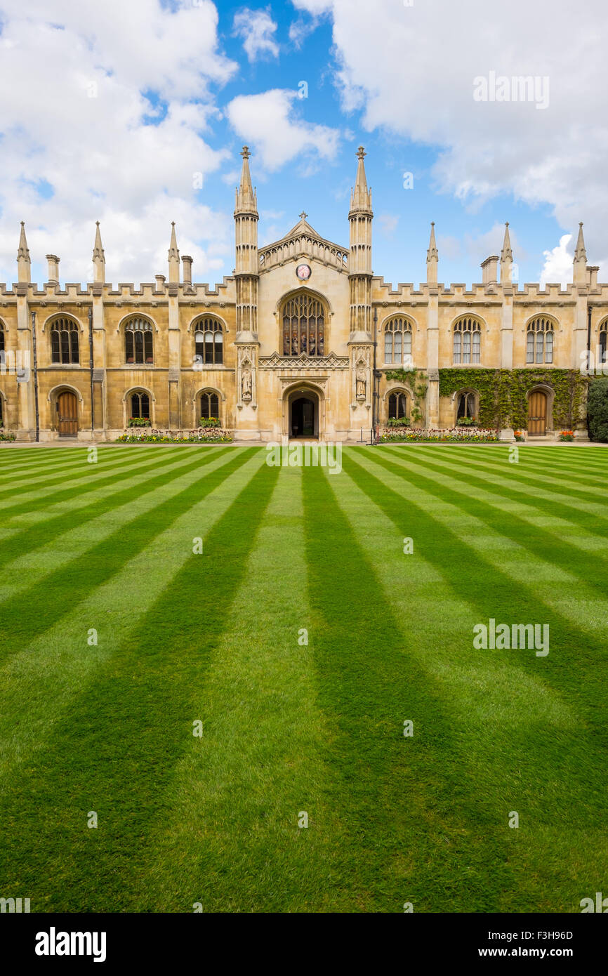 View of Corpus Christi College Cambridge england with lovely stripped lawn. Stock Photo