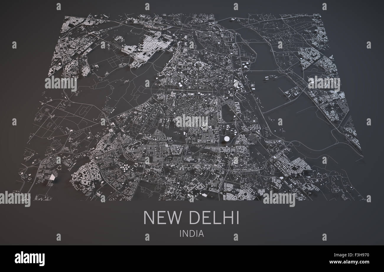 Satellite View Of Delhi Map Of New Delhi, India, Satellite View Map In 3D . Black And White Stock  Photo - Alamy