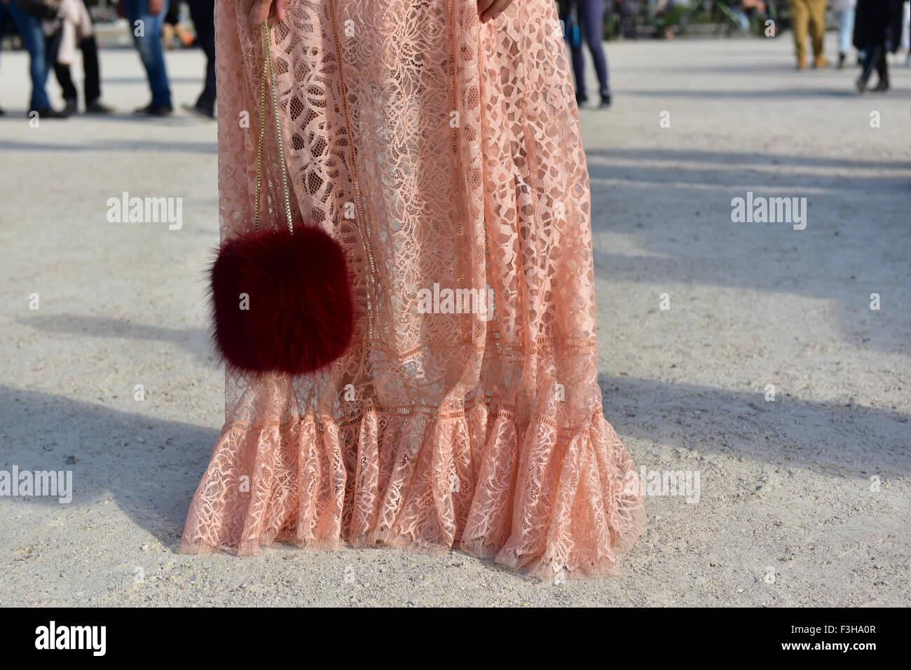 Blogger Eleonora Carisi posing outside of the Elie Saab runway show during Paris Fashion Week - Oct 3, 2015 - Photo: Runway Manhattan/Celine Gaille ***For Editorial Use Only*** Mindesthonorar 50,- EUR/Minimum Fee 50,- EUR/picture alliance Stock Photo