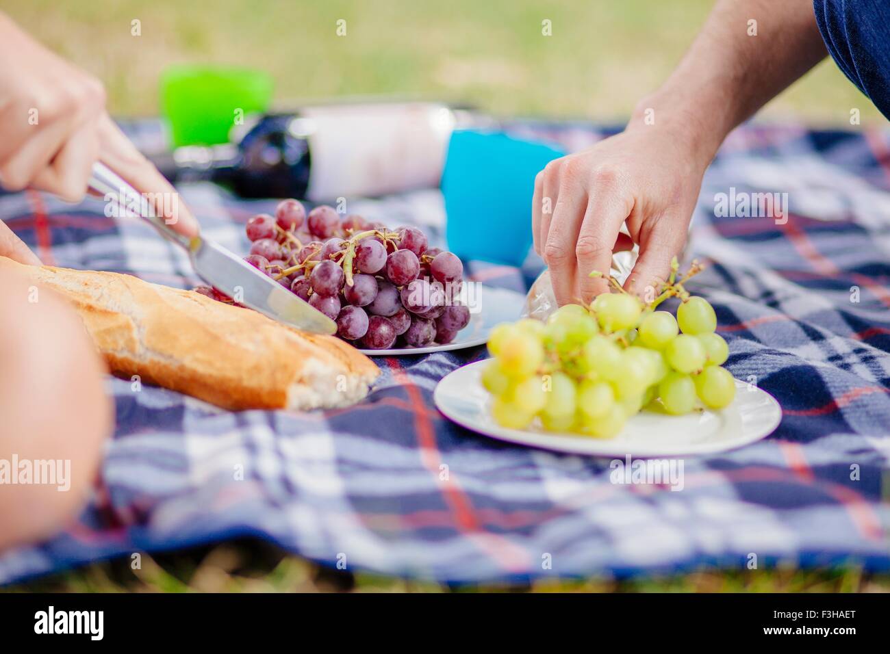 Cropped view of couples hands reaching for grapes on picnic blanket Stock Photo